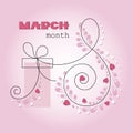 Romantic gift. International Womens Day. March, 8. Greeting card, frame with hearts in spiral, gift