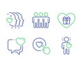 Romantic gift, Like button and Friendship icons set. Heart, Friends couple and Friend signs. Vector