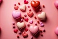 Romantic gift multi-colored hearts on pink background