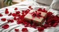 Romantic gift with red rose petals on bed Royalty Free Stock Photo