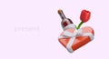 Romantic gift. Valentine Day surprise. Box of heart shaped candies, tulip, bottle of wine