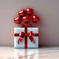 Romantic gift White box with red ribbon, heart balloons mockup Royalty Free Stock Photo
