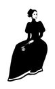 Romantic girl in a long retro dress sitting with flower. Hand drawn vector. Black isolated on white background. Royalty Free Stock Photo