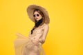 Romantic girl in straw hat sunglasses model dress emotions