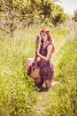 Romantic girl travelling with her guitar, summer, retro style Royalty Free Stock Photo