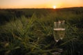 Romantic glass of wine sitting on the beach at colorful sunset Glasses of white wine against sunset Royalty Free Stock Photo