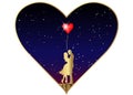 Romantic gold silhouette of loving couple in starry universe background. Valentines Day 14 February. Happy Lovers.