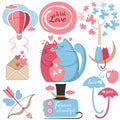 Romantic greeting card set. Two cats in love with butterflies in their stomachs. Valentines day, poster, sticker kit, Vector illus Royalty Free Stock Photo
