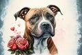 Romantic greeting card theme of Valentines with a Staffy dog