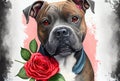 Romantic greeting card theme of Valentines with a Staffy dog