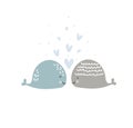 Romantic greeting card with two whales in love. Card about friendship with hearts. Valentines Day card, poster or print