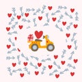Romantic greeting card with yellow transportation. Picture with romantic elements of red hearts and arrows. Cartoon