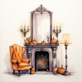 Romantic Halloween Fireplace And Pumpkins Interior Design Sketch Royalty Free Stock Photo