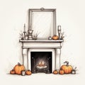 Romantic Halloween Fireplace Setting With Pumpkins And Mirror Illustration