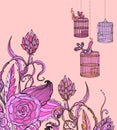 Romantic hand drawn floral card wirh bird and cage Royalty Free Stock Photo