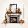 Romantic Hand Drawn Pumpkins On Fireplace: Halloween Interior Design Sketch