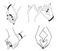 Romantic handshake. Relationship loving hands together. Woman and man handshakes line tattoo sketch. Couple love