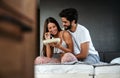 Romantic happy couple in love having breakfast in bed Royalty Free Stock Photo