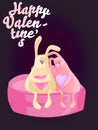 Romantic Happy Valentines Day card with two rabbits on a pink hearts. Vector design.