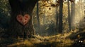 Romantic heart carving in oak tree surrounded by tranquil forest with warm earthy tones Royalty Free Stock Photo