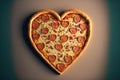 Romantic heart shaped pizza with pepperoni slices on brown background. Valentine day concept. Delicious Pizza. Traditional italian