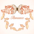 Romantic heart shaped victorian frame with pastel leaves and butterfly