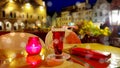 Romantic holiday city light Street cafe bokeh blurring city light evening restaurant table cup of coffee on top view candle lamp