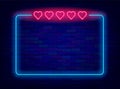 Romantic holiday night neon banner. Five hearts. Dating and wedding concept. Happy valentines day. Vector illustration