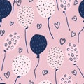 Romantic holiday seamless pattern with balloons and hearts onament. Stylized valentine random print in pink and navy blue colors Royalty Free Stock Photo