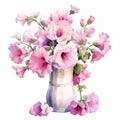 Romantic Hollyhock Pink Flowers In Vase - Realistic Watercolor Illustration