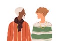 Romantic homosexual couple of two enamored men of different age and race. Multiracial love partners. Colored flat vector