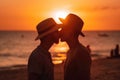 Romantic Homosexual Man Couple Sharing a Kiss under a Vibrant Sunset on the Beach extreme closeup. Generative AI