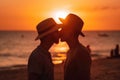 Romantic Homosexual Man Couple Sharing a Kiss under a Vibrant Sunset on the Beach extreme closeup. Generative AI Royalty Free Stock Photo