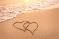 Romantic Honeymoon Holiday Or Valentine`s Day On The Beach Concept With Two Hearts Drawn On The Sand, Tropical Getaway For Couple