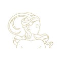 Romantic horned woman antique goddess waving hair portrait line art deco vintage logo vector