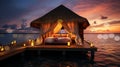 Romantic Hotels and Resorts on Maldives straw cabin evening blurred light blue sea water