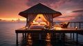 Romantic Hotels and Resorts on Maldives straw cabin evening blurred light blue sea water