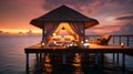 Romantic Hotels and Resorts on Maldives straw cabin evening blurred light blue sea water