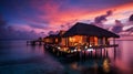 Romantic Hotels and Resorts on Maldives straw cabin evening blurred light blue sea water