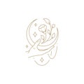 Romantic human hand holding half moon with organic natural flower line art emblem design vector