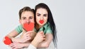 Romantic ideas celebrate valentines day. Valentines day concept. Man and woman couple in love hug and hold red heart Royalty Free Stock Photo