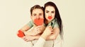 Romantic ideas celebrate valentines day. Valentines day concept. Man and woman couple in love hold red paper heart Royalty Free Stock Photo