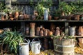 Romantic idyllic plant table in the garden with old retro flower pot pots, tools and plants Royalty Free Stock Photo