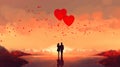 Romantic illustration with couple in love and floating hearts Royalty Free Stock Photo