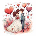 Romantic Watercolor Illustration Of Bride And Groom With Heart Balloons