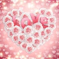 Romantic illustration of luxurious white roses, text Love, hearts and garlands. Big shining glitter bokeh background, banner,