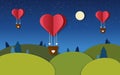 Paper art with red hot air balloons, flying in the night sky above the forest and fields. Origami, Birthday, Valentine Royalty Free Stock Photo