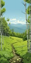 Romantic Illustration Of A Path In Green Fields And Birch Trees