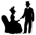 Silhouettes of young victorian couple formed by woman sitting on armchair, holding fan and man with top hat and walking stick.
