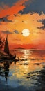 Romantic Illustration: Sailboat In Sunset With Traditional African Art Influence